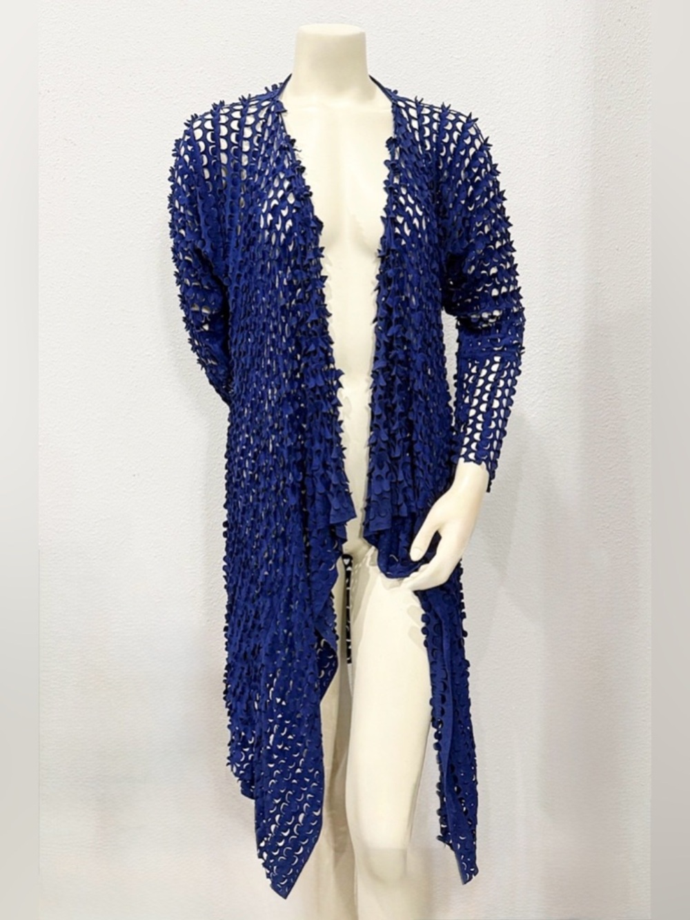 Linea Domani Blue Laser Cut Asymmetrical Cardigan Duster L Boho